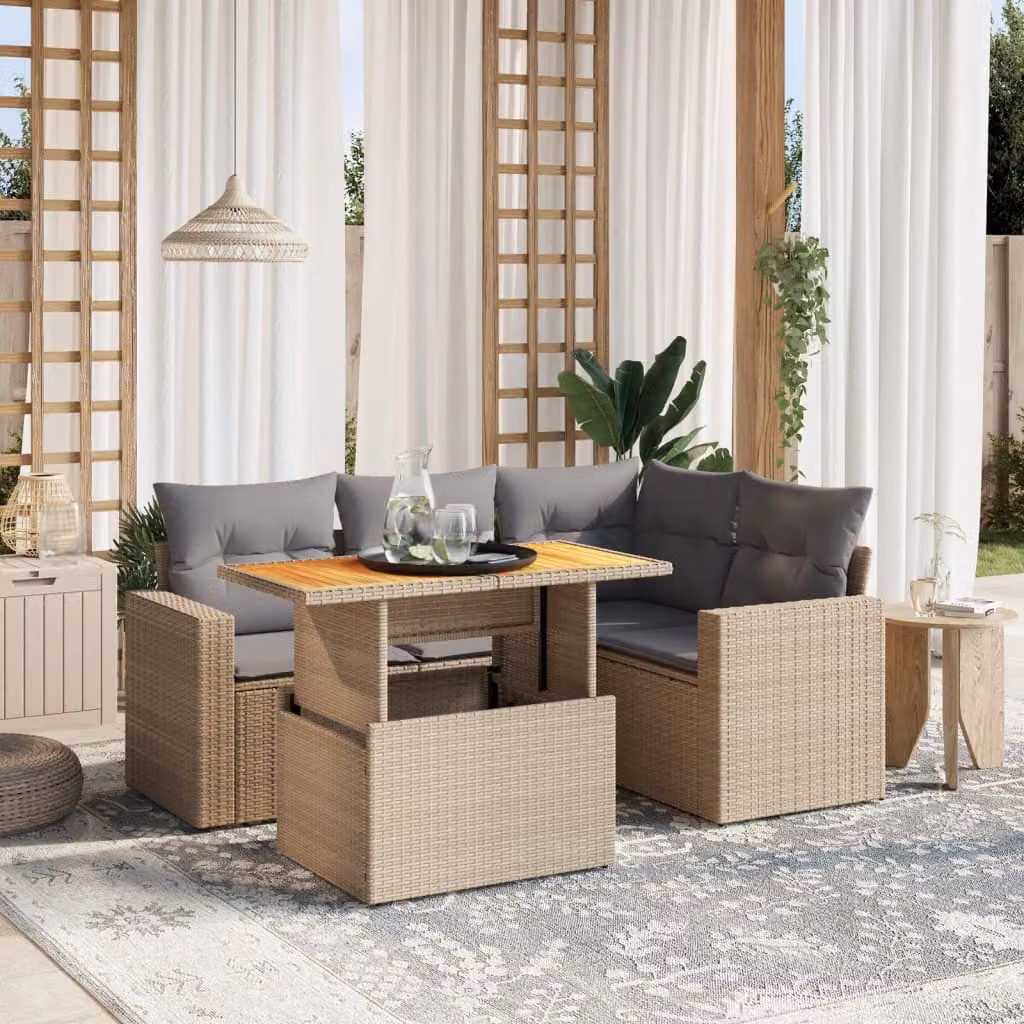 Set Divano da Giardino vidaXL 5 pz a L in Polyrattan con Cuscini Beige e Grigio – 1
