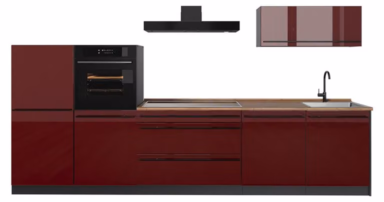 Cucina componibile Vicco R-Line Rosso lucido/Antracite 340 cm piano di lavoro Rovere dorato, Model 66514