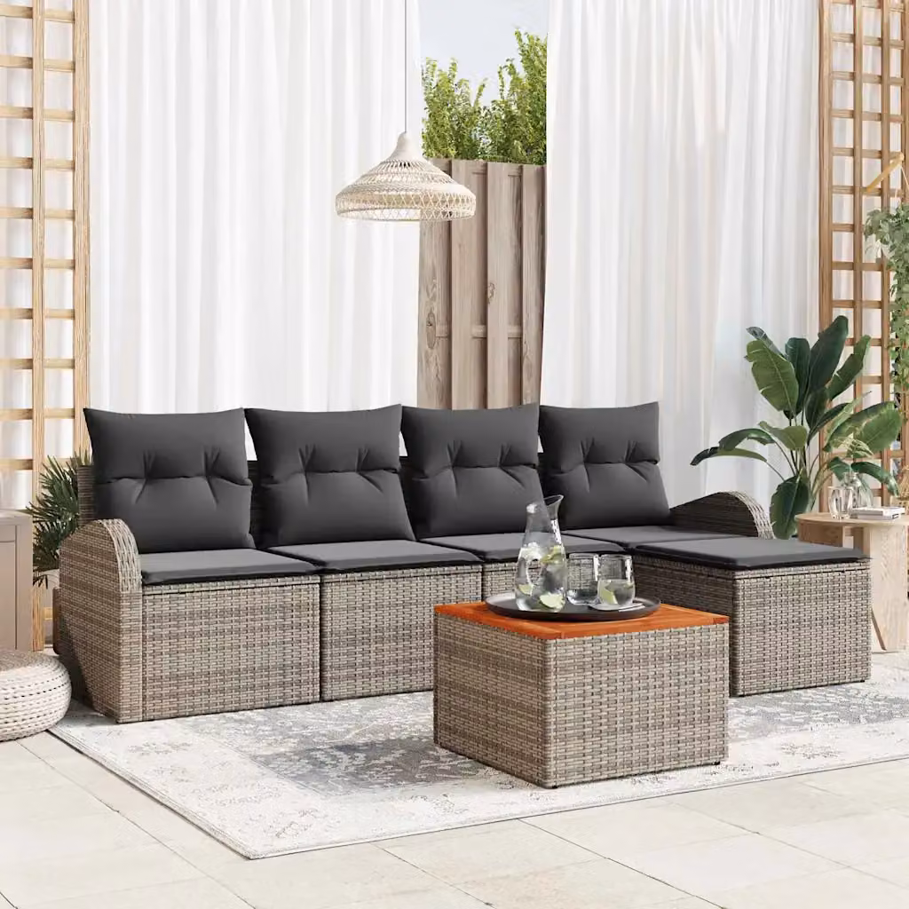 Set Divano da Giardino a L vidaXL 6 pz Grigio con Cuscini e Tavolino da Esterno in Polyrattan e Acciaio – 1