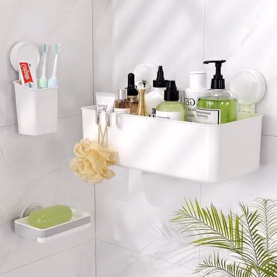 Portaoggetti per doccia con portasapone e portaspazzolino - Robusto supporto a ventosa - Set organizer per bagno e cucina - Riutilizzabile e senza forature