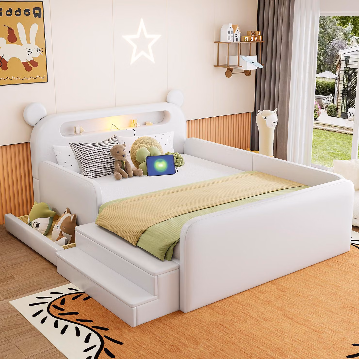 Letto imbottito Merax 140x200 cm con testiera a forma di orso e luce notturna, letto per bambini con USB e seduta a gradini, letto singolo con contenitore in ecopelle, bianco