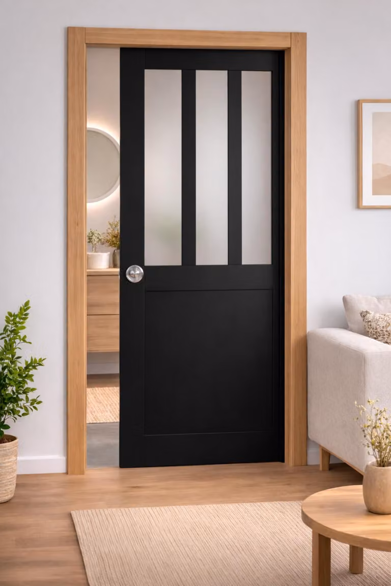Porta scorrevole da officina nera con vetro depoli H204 x L93 cm, incasso, kit finitura GD MENUISERIES