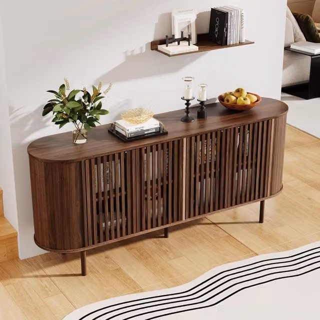 Credenza Moderna Noce 160x40x70 cm con 4 Ante Scorrevoli Forate; Mobile Buffet in MDF e Gambe in Metallo; per Soggiorno e Sala da Pranzo