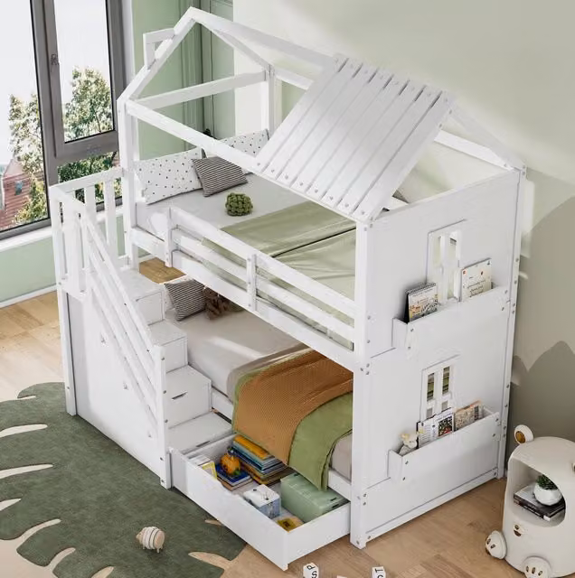 Letto a castello per bambini 90x200 cm con scale contenitive, cassetti e ripiani, in pino e MDF bianco, senza materasso