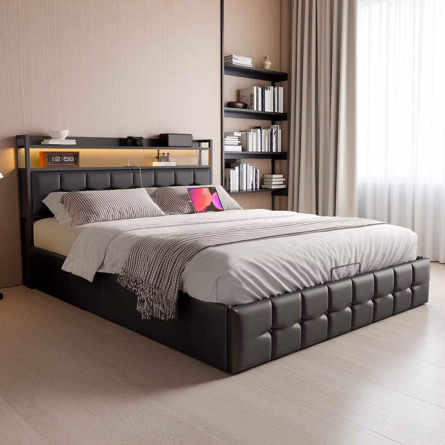 Letto imbottito INONEFT, 140x190 cm, letto matrimoniale con spazio contenitore ad apertura idraulica, letto per ragazzi con illuminazione LED e prese USB, rivestito in ecopelle nera, senza materasso