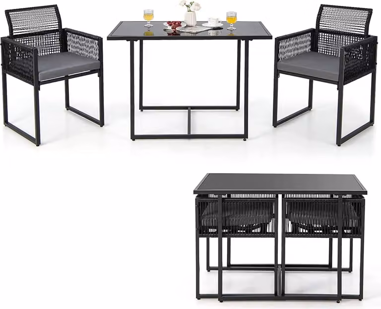 COSTWAY Set di mobili da giardino a 3 pezzi, set di mobili da balcone in rattan con schienale pieghevole e cuscino di seduta, set di mobili da balcone per patio, set di sedute da giardino salvaspazio per giardino e balcone