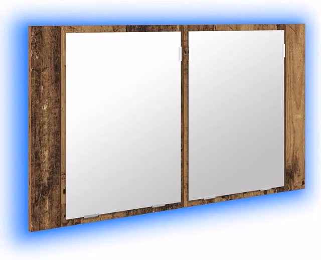 Armadietto con specchio da bagno a parete moderno 80 x 12 x 45 cm con ripiani e illuminazione LED in legno antico 02_0054528