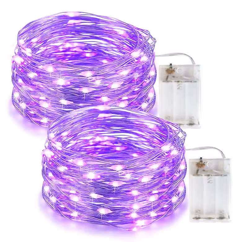 Catena luminosa a LED, colore viola, 10 metri, 100 LED, set da 2, filo argentato