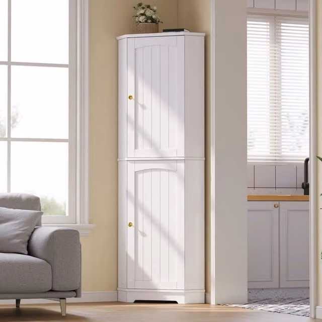 Armadio angolare con ripiani regolabili e 2 ante ad arco in MDF bianco per cucina e soggiorno 42 × 42 × 166 cm