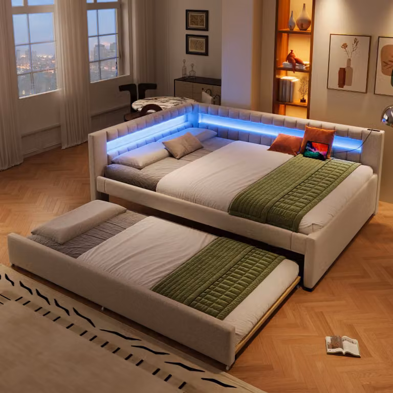 MODFU divano letto 140×200 per bambini con letto estraibile e griglia, letto da giorno con illuminazione a LED, controllo tramite app e cavo, senza materasso, beige