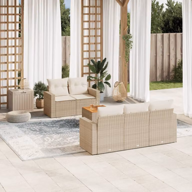 vidaXL Set Divano da Giardino a L in Polyrattan con Cuscini Beige e Tavolino da Esterno 6 pz