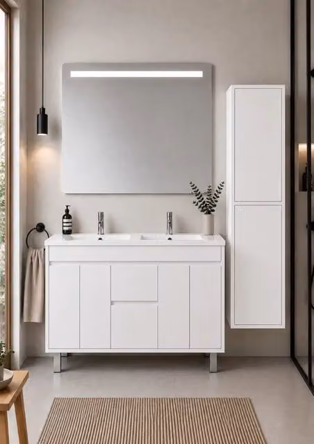 Mobile bagno con lavabo ORIGENBATH ISQUIA senza specchio 120x45 cm doppio lavabo bianco con colonna