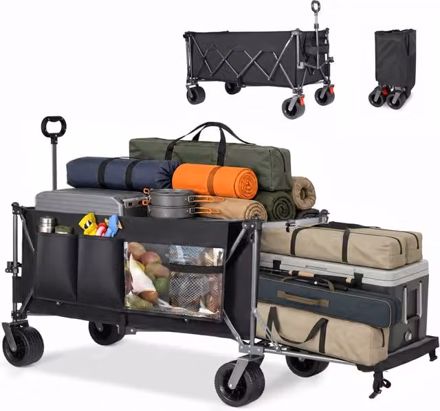 Carrello da giardino pieghevole 180 cm nero, grande capacità, ruote off-road