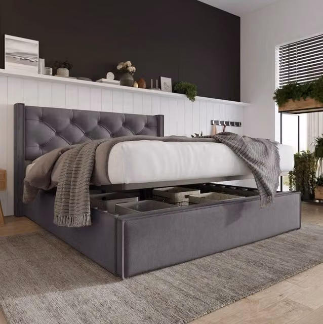 Letto matrimoniale imbottito 140x200 cm con rete a doghe in metallo e contenitore, struttura grigia in cotone