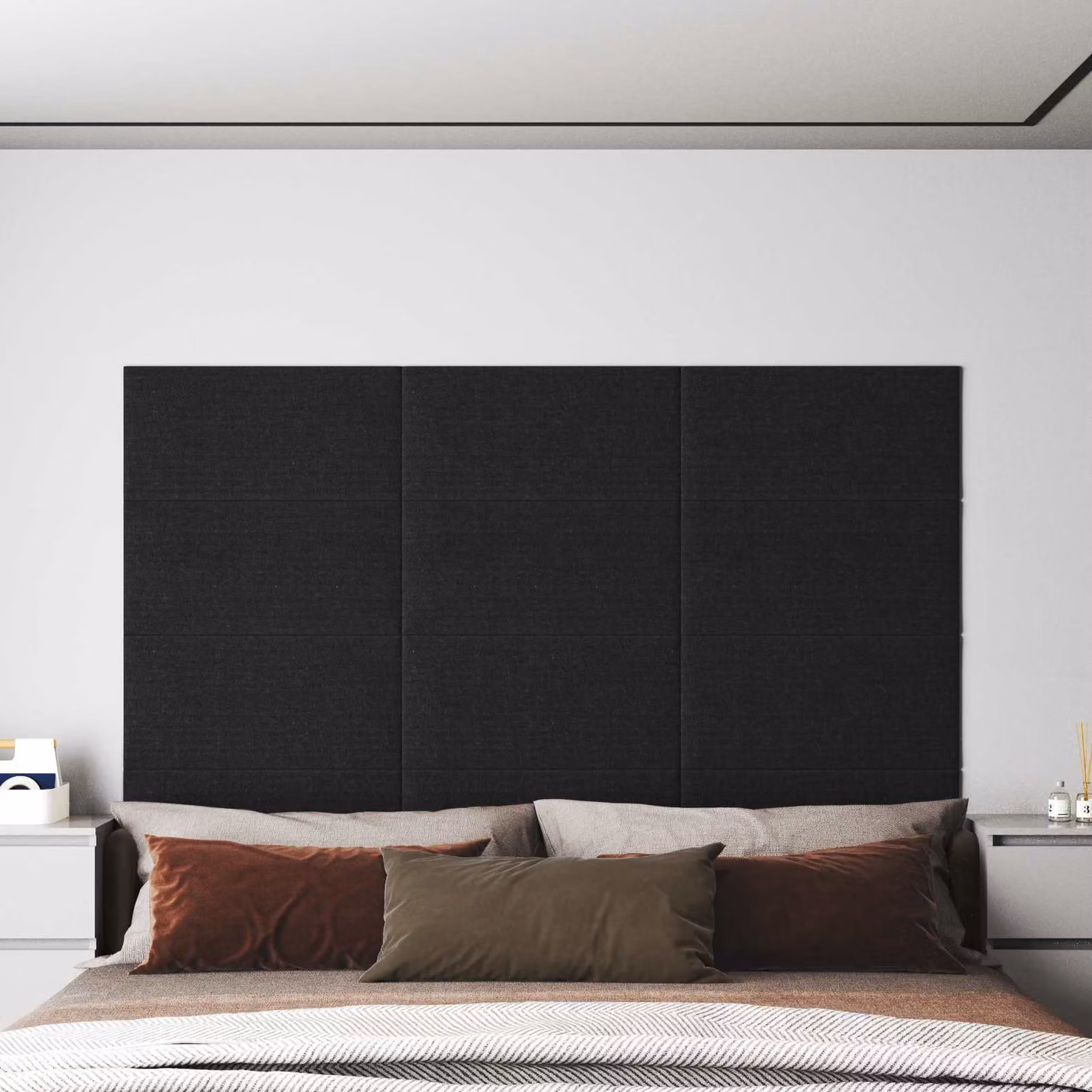 Set di 12 pannelli testiera da parete vidaXL in tessuto nero, design moderno imbottito per camera da letto, L: 60 cm x H: 30 cm