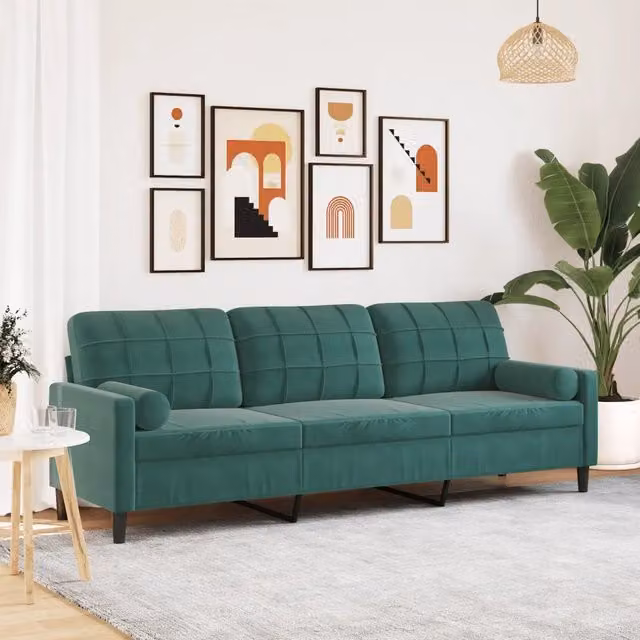 Divano a 3 posti moderno vidaXL in velluto verde con cuscini e coperture rimovibili L: 226 cm, P: 80 cm, H: 77 cm