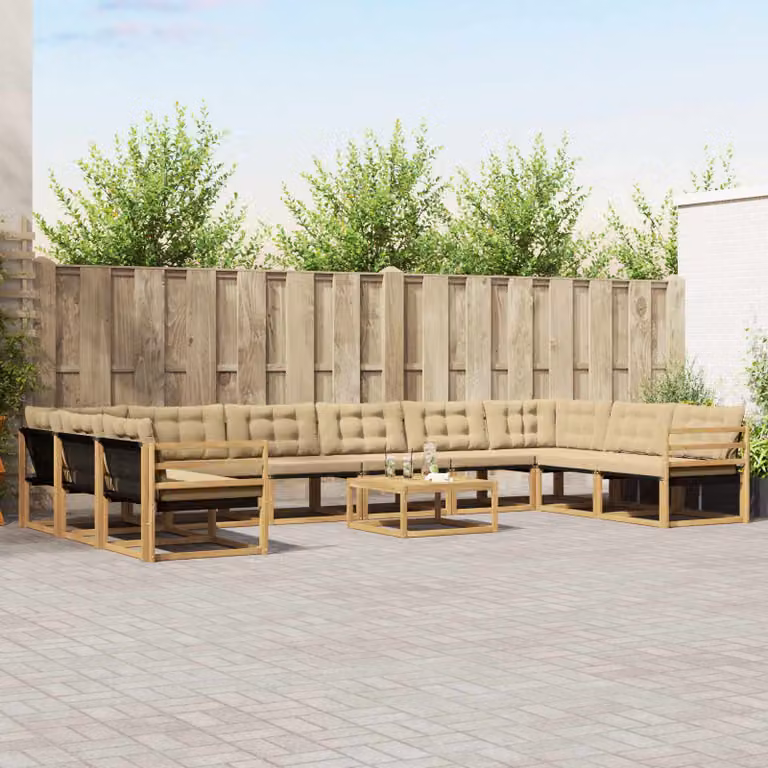Set di divani da esterno vidaXL 11 pezzi a forma di U in legno di acacia con cuscini bianchi e beige