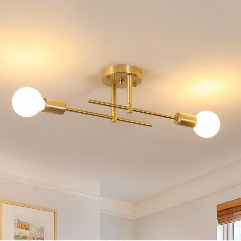 Lampada da soffitto vintage, a 2 luci, attacco E27, color oro