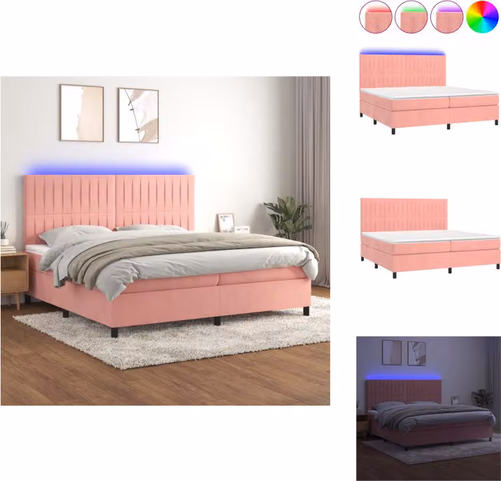 vidaXL Letto a molle con materasso e LED in velluto rosa 200x200 cm - Letti e strutture letto