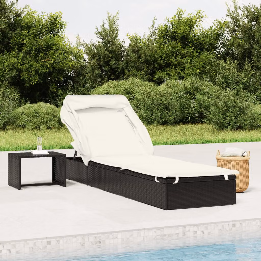 vidaXL Lettino da giardino moderno in rattan con tetto parasole e poggiatesta regolabile, Nero, L: 213 cm, P: 63 cm, H: 97 cm