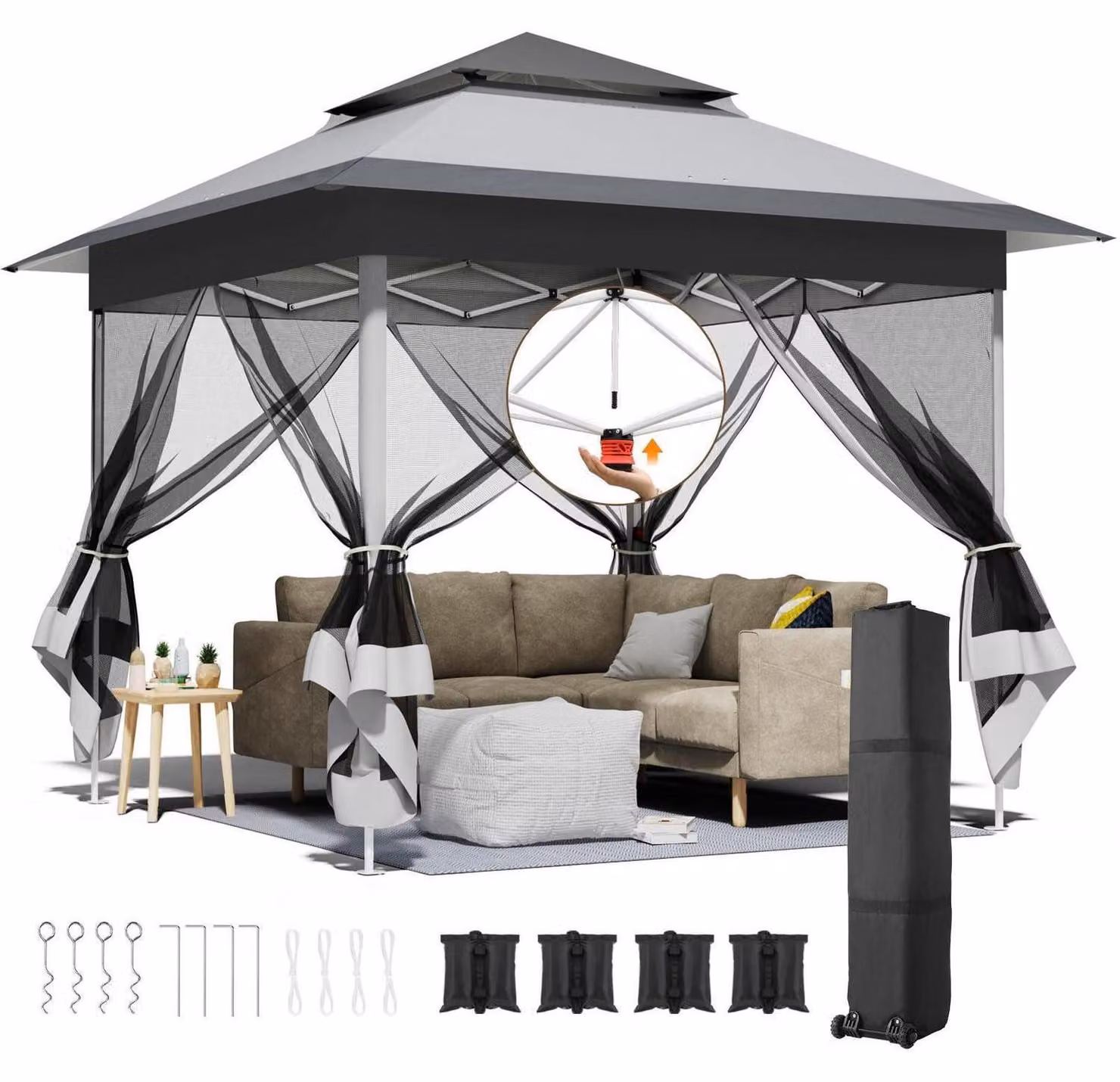 Gazebo da esterno 3,3x3,3 metri, colore grigio e bianco, con 4 zanzariere, impermeabile, protezione UV 50+, tetto a doppia falda, completo di sacchi di sabbia