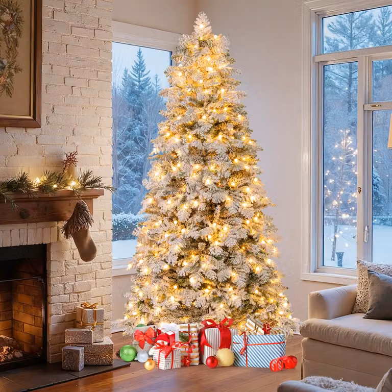 Albero di Natale artificiale innevato Costway, colore bianco, con 806 punte di ramo, 160 palline e luci LED bianco caldo, Altezza: 210 cm