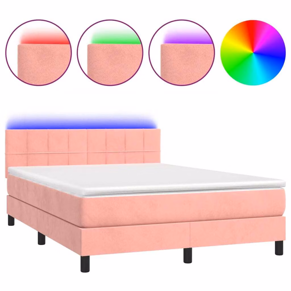 Letto a Molle con Materasso e LED Rosa 140x200 cm in Velluto