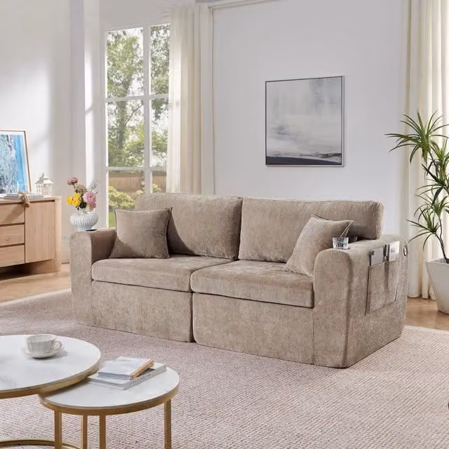 Divano relax 2 posti 220.0x100.0x89.0 cm con tasche laterali e portabicchieri in ciniglia marrone