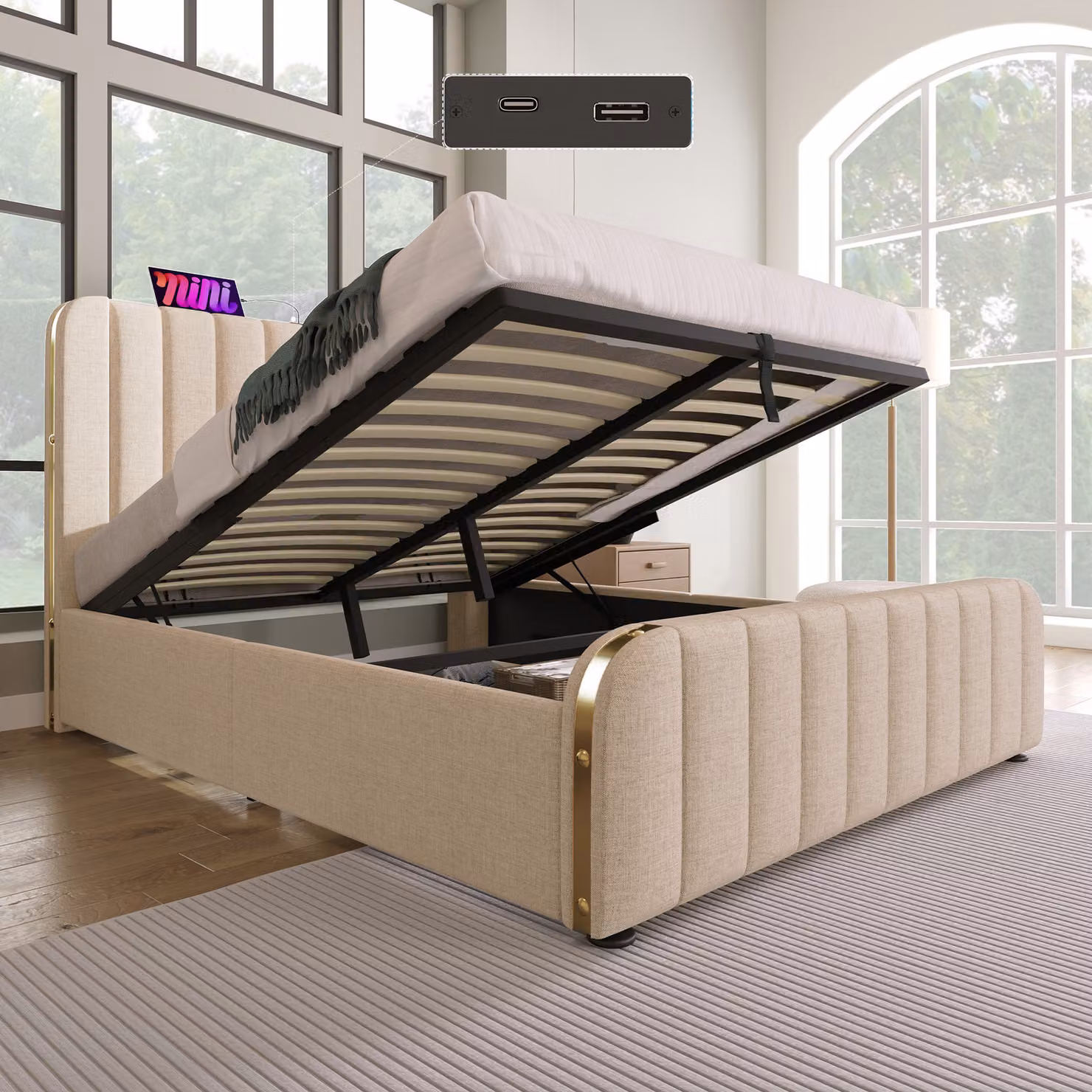 STILVORA, Letto imbottito matrimoniale 140x200 cm, letto contenitore con funzione di ricarica USB di tipo C, letto contenitore idraulico, letto per ragazzi, color beige (con materasso)
