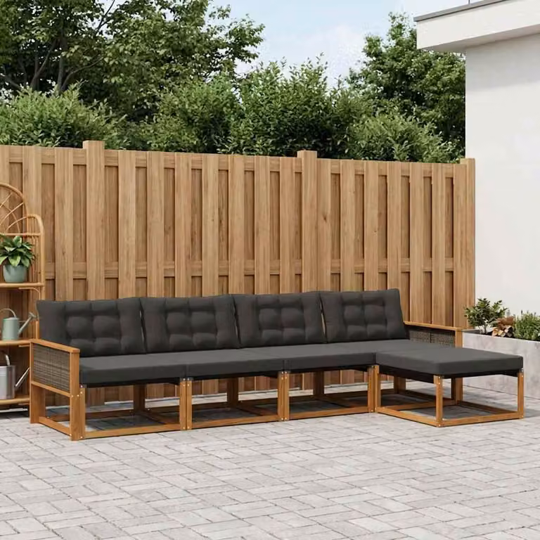 Set di divani da esterno vidaXL a forma di L con pouf e cuscini in legno di acacia e textilene, Marrone e Nero