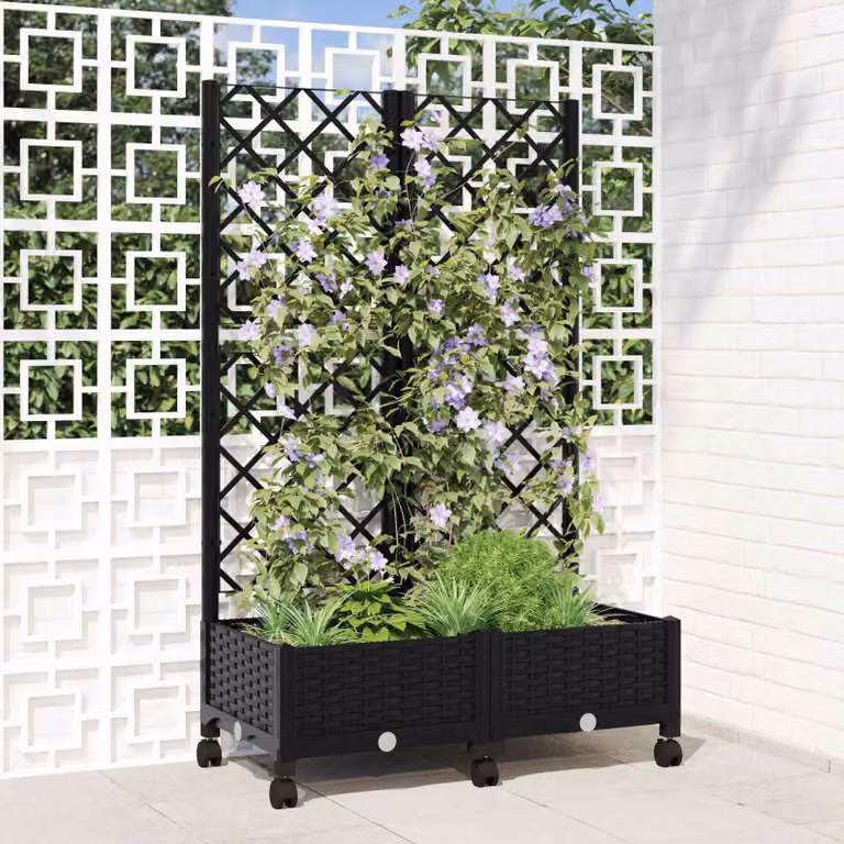 vidaXL Vaso da giardino con grigliato e ruote Nero L: 80 cm, P: 40 cm, H: 131,5 cm
