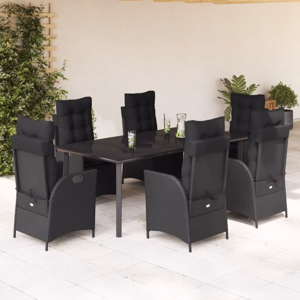 Set da Pranzo da Giardino vidaXL 7 pz in Polyrattan Nero con Piano in Vetro – 1