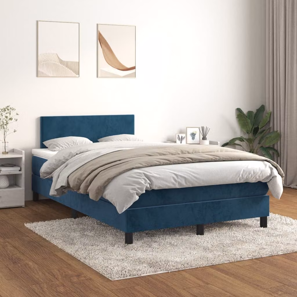 The Living Store Letto a molle con materasso blu scuro 120x200 cm in velluto
