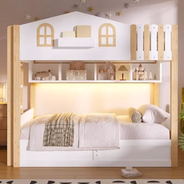 Letto a castello a casetta 90x200 cm con contenitore idraulico; LED; ripiano e scala reversibile; bianco e legno