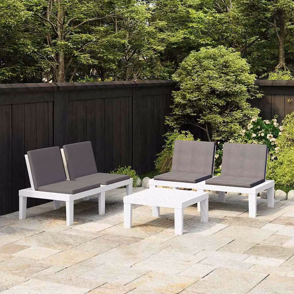 Set da giardino moderno vidaXL composto da divano a 2 posti, tavolino da caffè e cuscini imbottiti in plastica, colore bianco e antracite