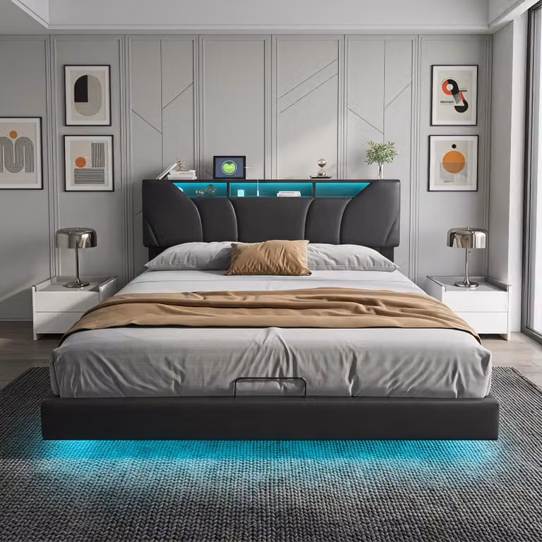 Letto imbottito INONEFT 160x200 cm con stazione di ricarica, letto per ragazzi/matrimoniale con LED e testiera contenitore, letto sospeso multifunzionale, in PU, colore nero
