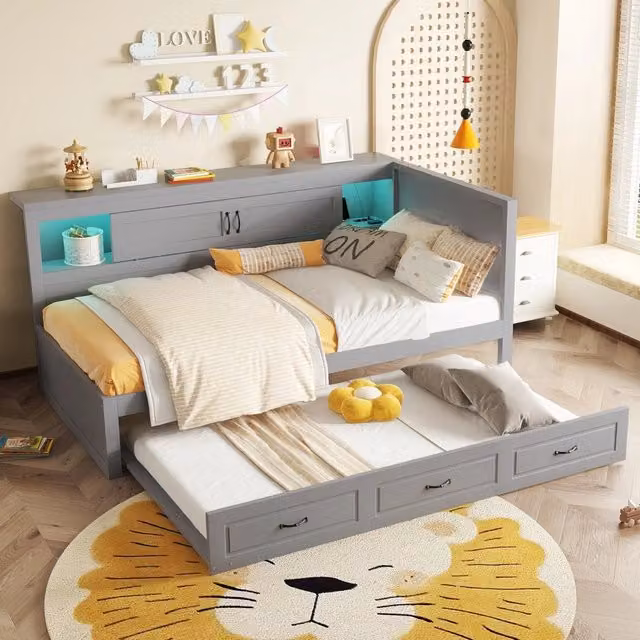 Letto divano estraibile 90×200 cm e 90×190 cm con LED, presa USB e vano laterale, senza materasso, grigio