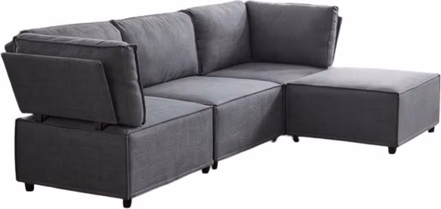 Divano modulare in legno semi-compresso con rivestimento in lino grigio scuro, versatile e facile da montare