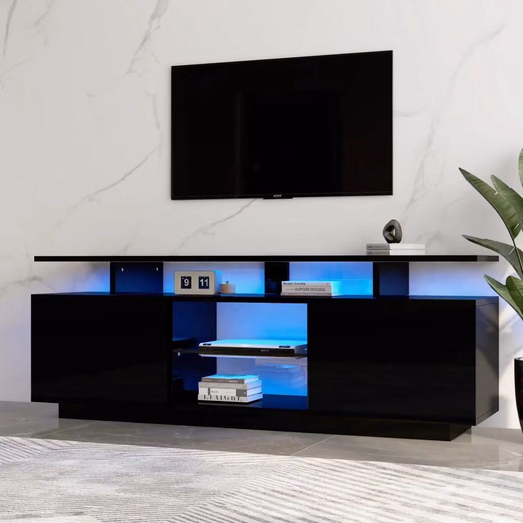 Mobile TV moderno WISHDOR nero con illuminazione LED integrata, L: 140 cm, P: 35 cm, H: 55 cm – 2