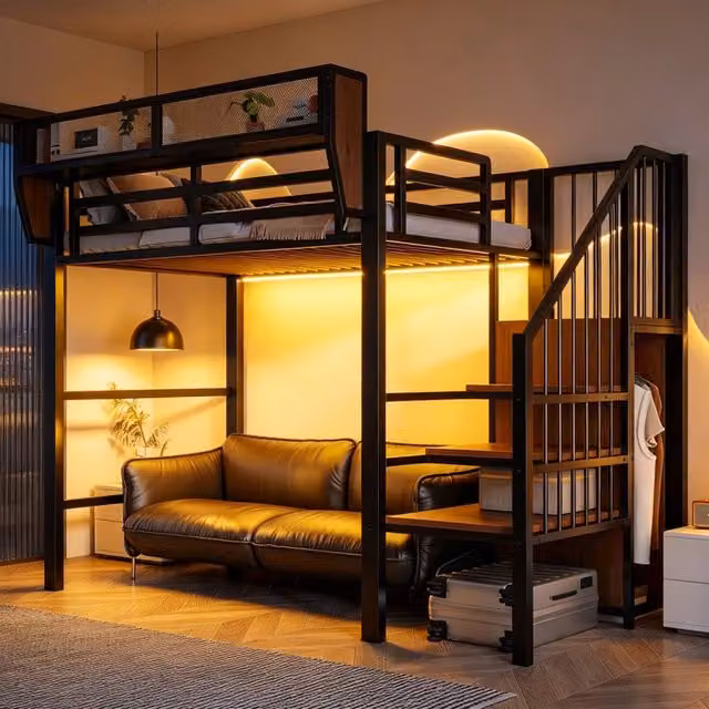 Letto a soppalco con LED ¨C Minimal ¨C Metallo nero 90x200 cm