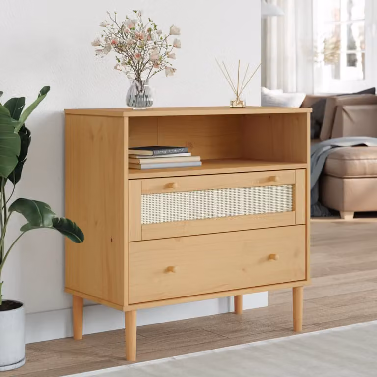 Credenza vidaXL SENJA in legno di pino massello con aspetto rattan, colore marrone, L 80 cm x P 40 cm x H 80 cm