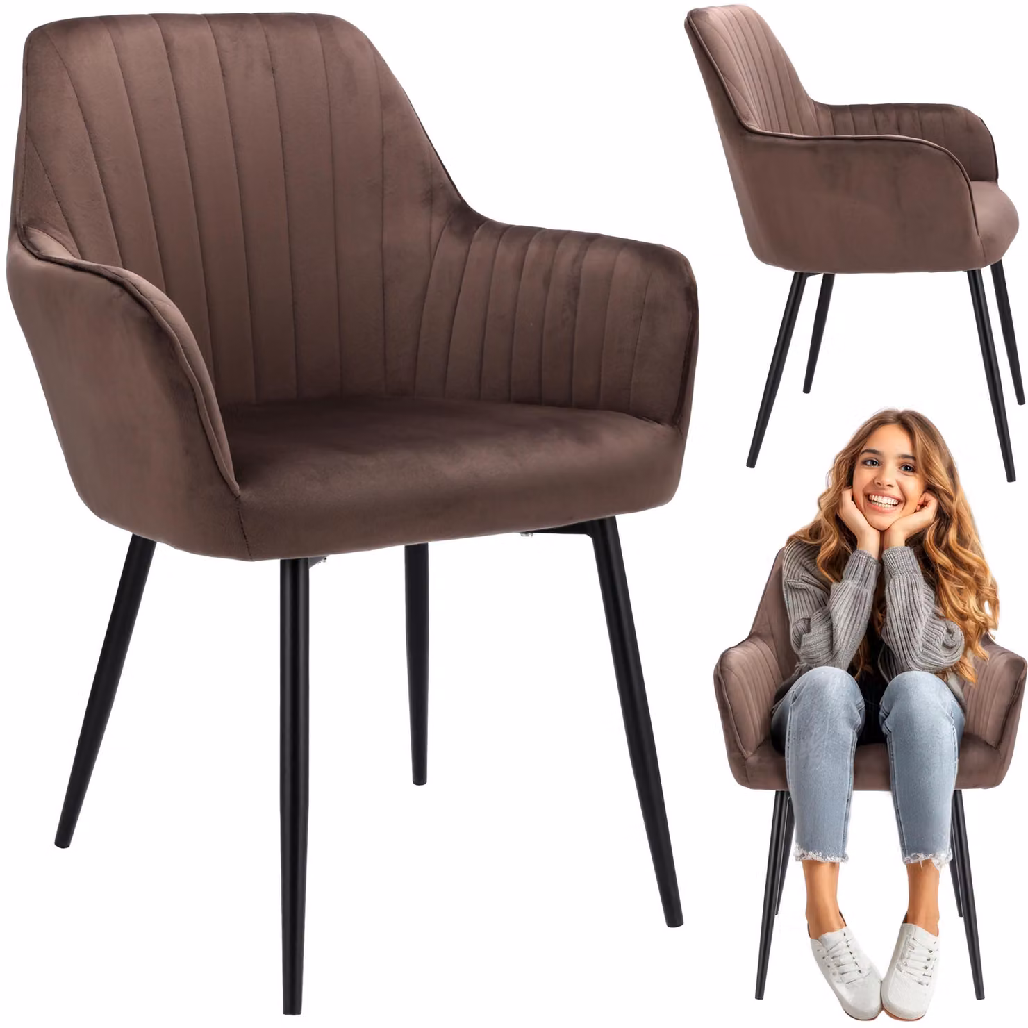 JUMI, poltrona in velluto, imbottita, per soggiorno o sala da pranzo, stile CORA, color marrone