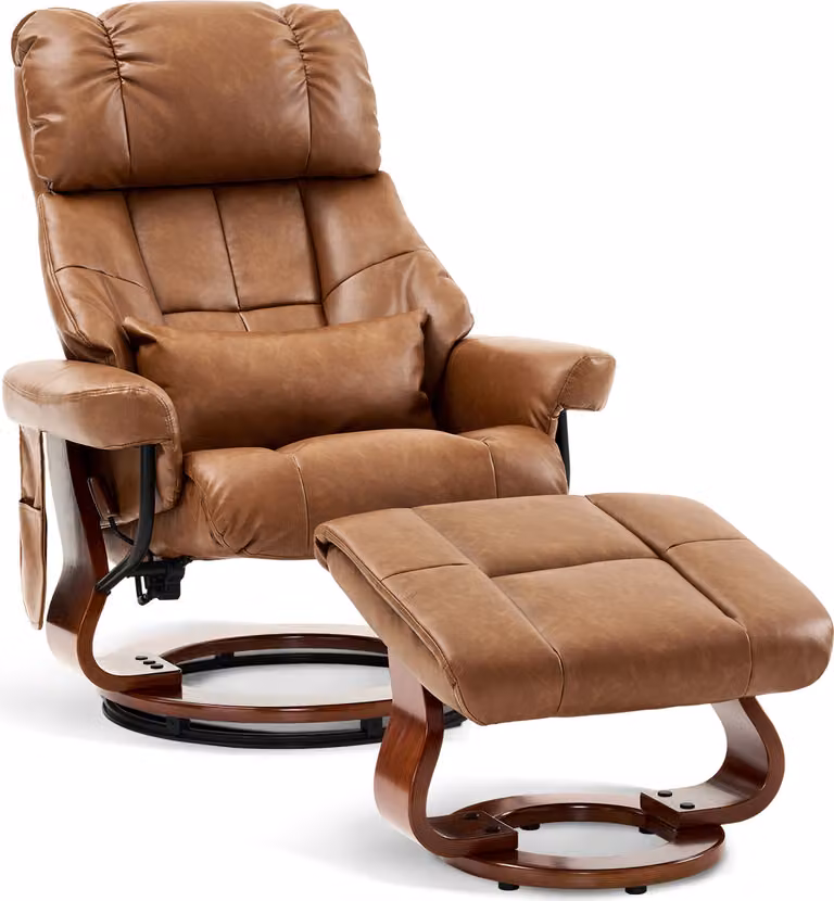 Poltrona relax M MCombo con poggiapiedi, poltrona girevole da TV con funzione reclinabile, moderna poltrona da salotto, con cuscini e tasca laterale, senza funzione massaggio, in ecopelle, 9066 (ecopelle marrone)