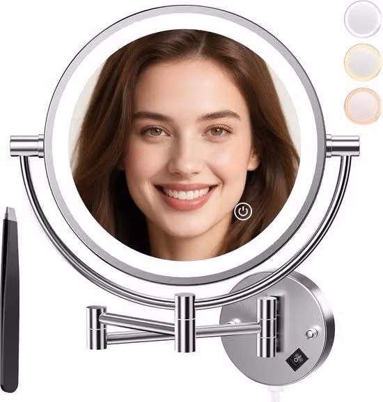 Specchio cosmetico con illuminazione LED, ingrandimento 1x/30x, specchio da trucco regolabile con pulsante tattile, 3 colori disponibili, specchio da barba per parete, adatto per bagno, spa e hotel.