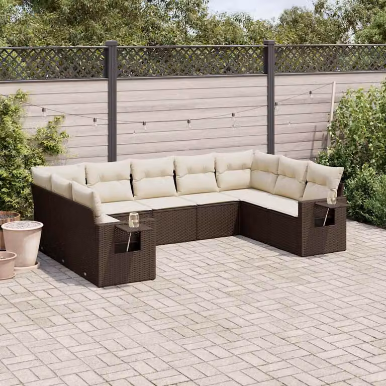 vidaXL Set Divani da Giardino a L con Cuscini Marrone e Bianco in Polyrattan e Metallo