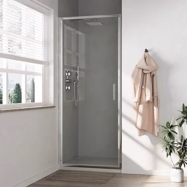 Porta doccia a battente Portofino Parama con profili slim cromati e vetro trasparente da 6 mm, H 190 cm, L 70 cm