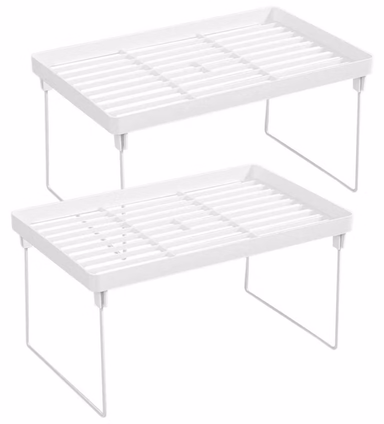 2 ripiani impilabili per armadi, organizer per cucina, scaffale da terra, scaffale in plastica, pieghevole, scaffale per spezie, ufficio, bagno, piano di lavoro, colore bianco
