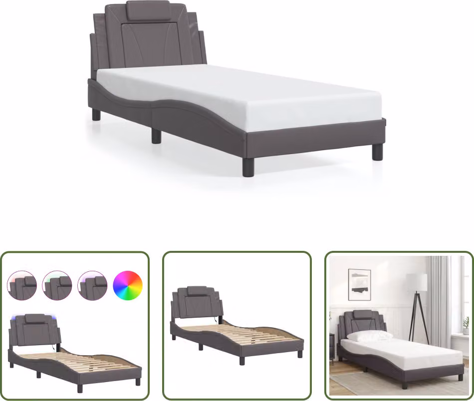 The Living Store Struttura letto con LED grigio 90x190 cm in ecopelle