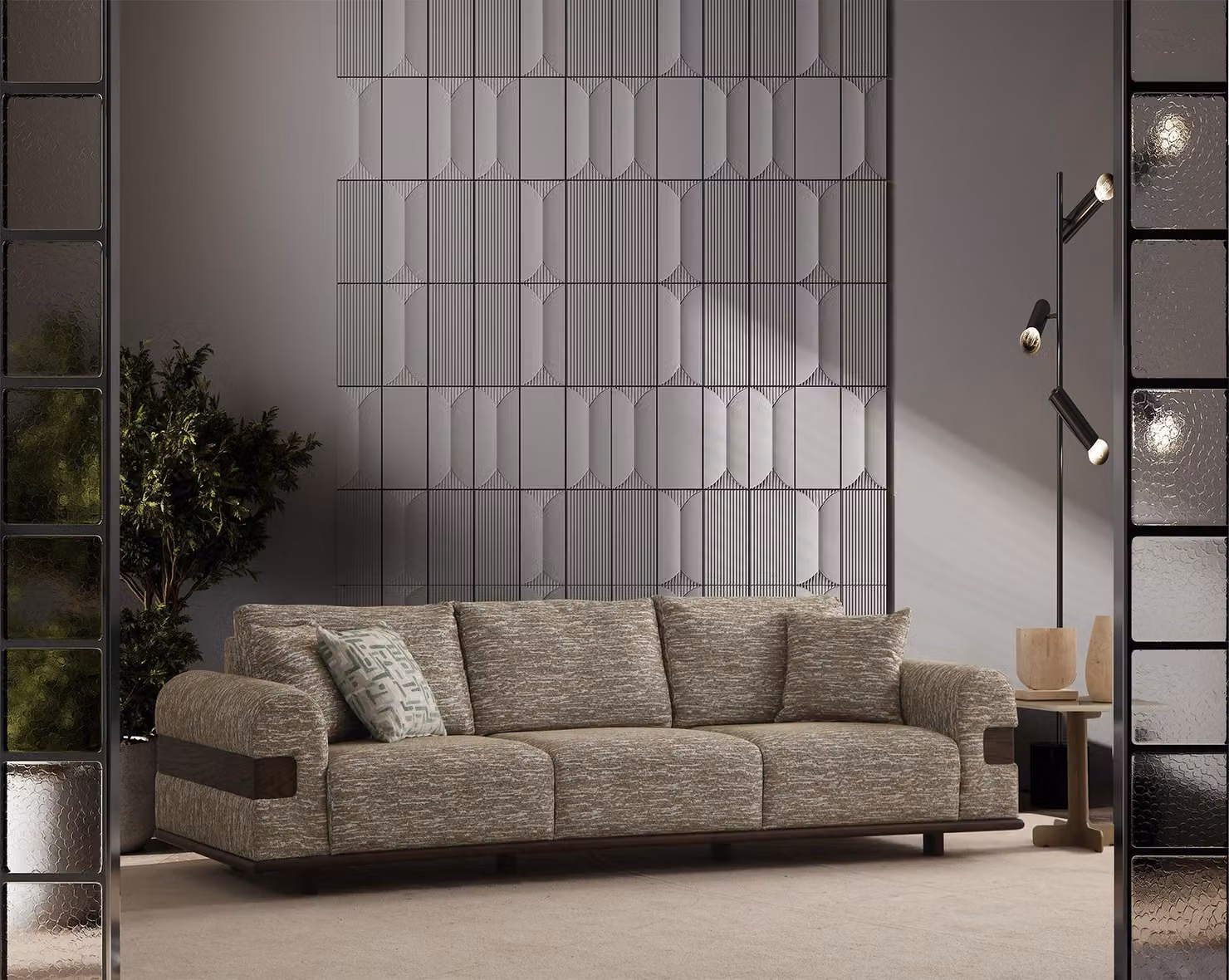 Eleganter Beiger Dreisitzer Wohnzimmer Polstersofa Edle Textilcouch