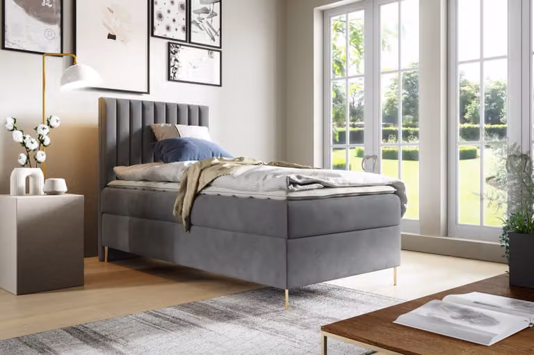 GUTTO letto a piastrelle JILL 90 x 200 cm con contenitore TOPPER 5cm Free Grey Velour gambe alte dorate